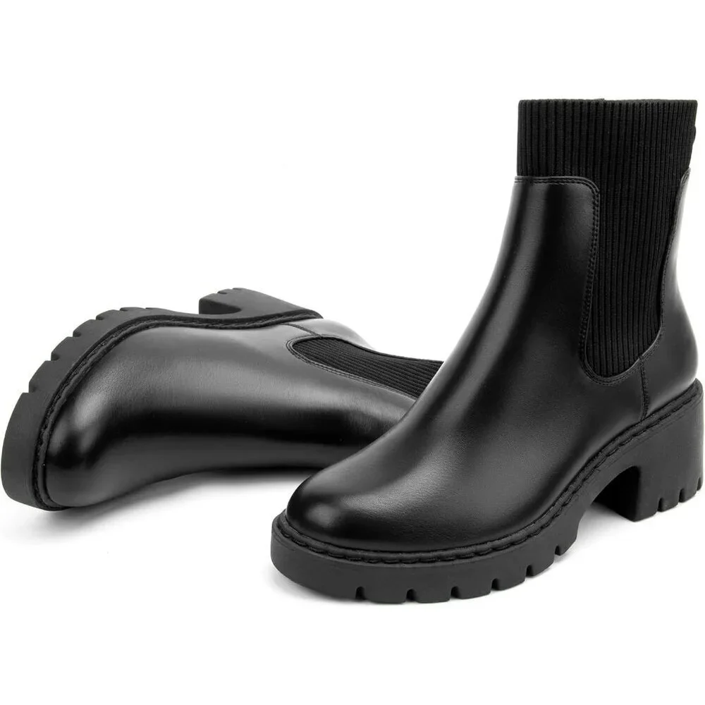 Women's Black Platform Chelsea Boots Lug Sole Chunky Heel Zipper Slip On